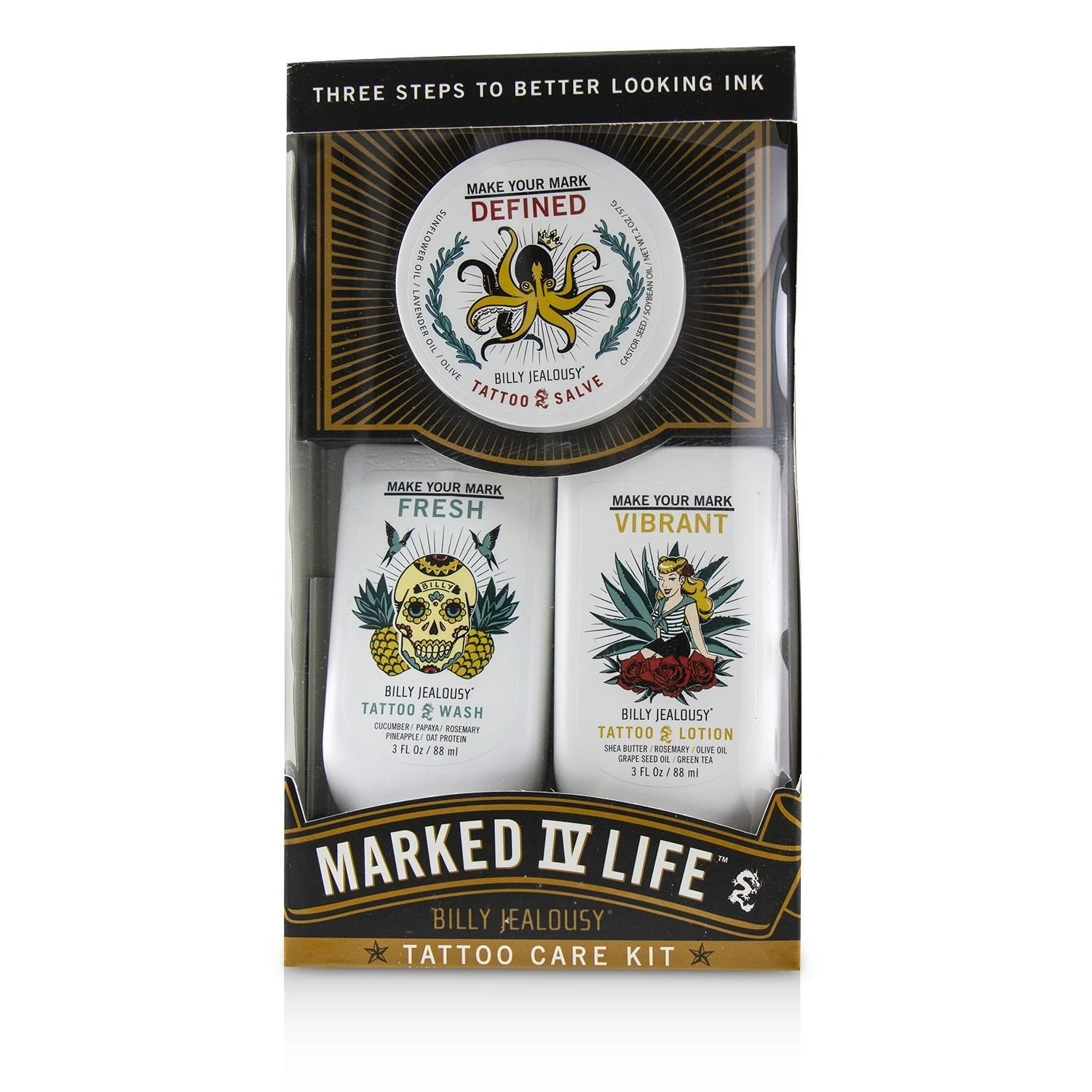 Billy Jealousy Marked IV Life Tattoo Care Kit: Tattoo Wash 88ml + Tattoo Lotion 88ml + Tattoo Slave 57g 3pcs 2 Billy Jealousy Marked IV Life Tattoo Care Kit: Tattoo Wash 88ml + Tattoo Lotion 88ml + Tattoo Slave 57g 3pcs - Image 2